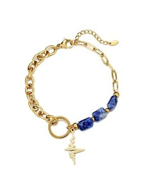 Gold Chain Bracelet with Blue Stone Beads and Lightning Charm
